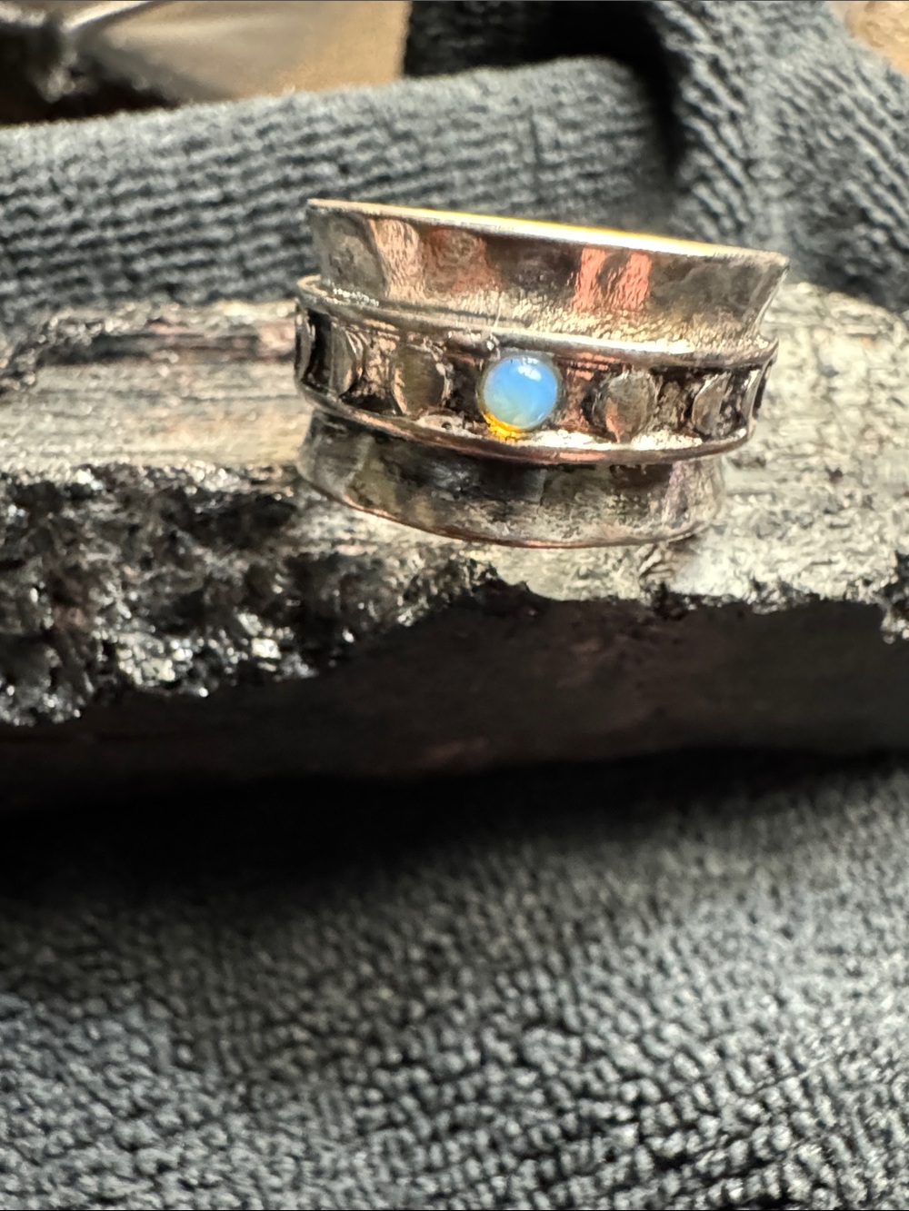 Sterling-Look Silver Band Ring with Blue Opal Accent